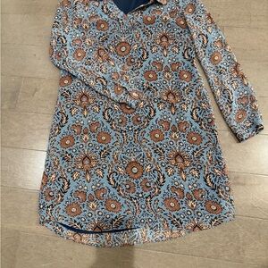 EUC CAbi sz S Floral Long Sleeve Dress - Blue and Brown